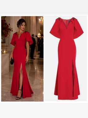 Marchesa Notte Red Gown Maxi Dress Cape Sleeve Size 4 Formal Wedding NWT 🟡